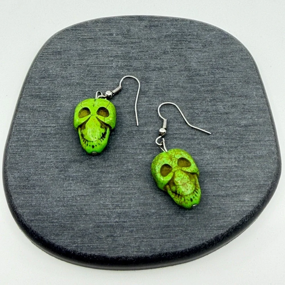 Green Skull Dangle Earrings Gothic Punk Halloween Festival Statement Gift Pair